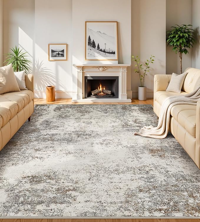 10x14 Washable Area Rugs - Modern Abstract Large Rugs for Living Room Non-Slip Low Pile Soft Machine Washable Carpet for Bedroom, Under Dining Table, Nursery, Farmhouse (10'x14' Brown Grey)