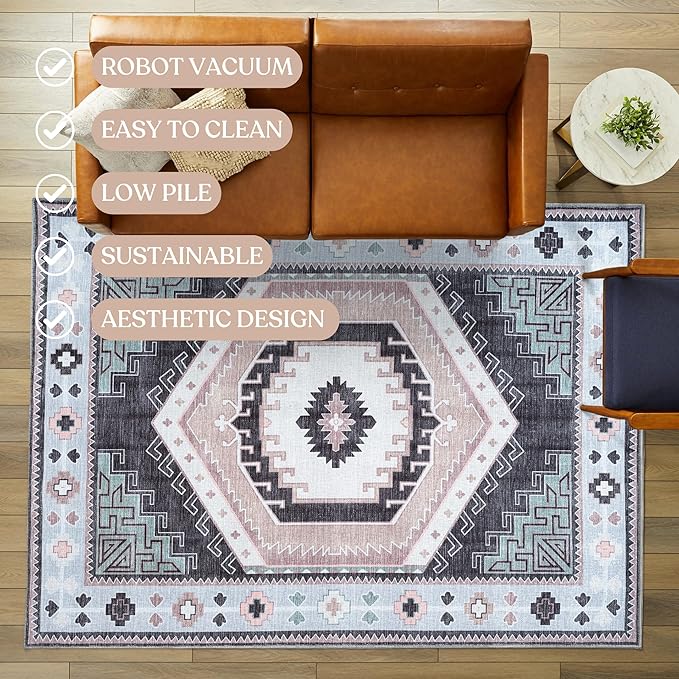 Fame Living Washable Area Rug. Modern Farmhouse. Vintage. Turkish. Bohemian. Distressed. Oriental. Traditional. Rugs for Living Room. Dining. Bedroom. Office. Entryway. (856BlckGry, 2'5" x 4'9")