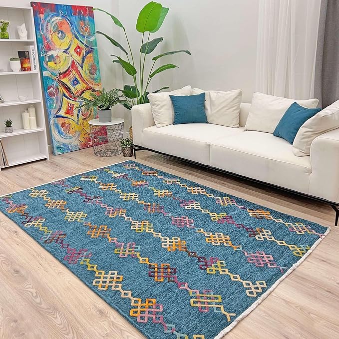 Alfa Rich 5x8 Moroccan Blue Washable Area Rugs for Living Room Bedroom Kitchen Decor Cotton Rug