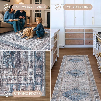 Washable Area Rug. Modern Farmhouse. Vintage. Turkish. Bohemian. Distressed. Oriental. Traditional. Rugs for Living Room. Dining. Bedroom. Office. Entryway. Foyer. (859NC, 2'5" x 6'5")