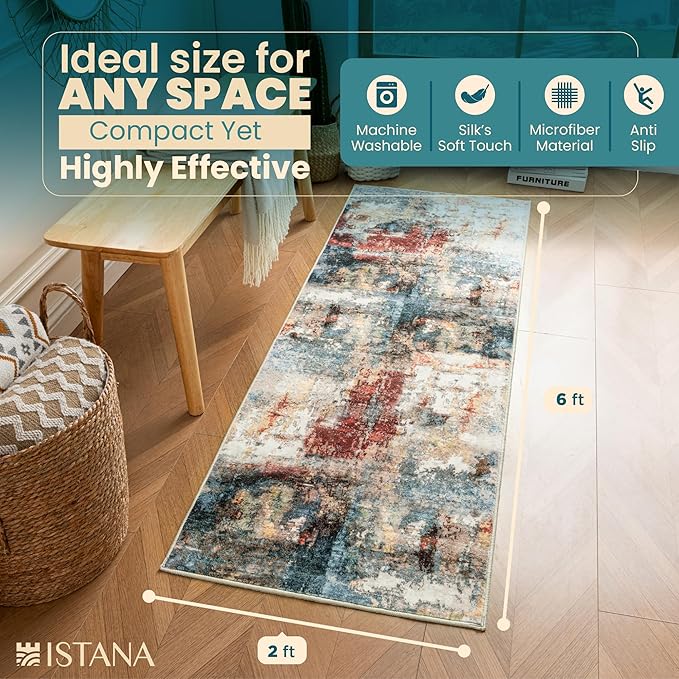 Istana Hallway Runner Rug 2x6 - Multi/Red Kitchen Rugs Non Slip Washable -Silk's Soft Touch Carpet Runner - Stylish Rug for Home