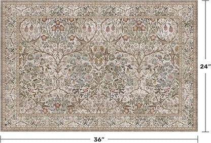 Moss Green Washable 2x3 Entry Rug - Front Door Rugs Indoor, Vintage Floral Style Small Rug for Kitchen, Bathroom, Non-Slip Boho Vintage Dark Taupe Entryway Décor