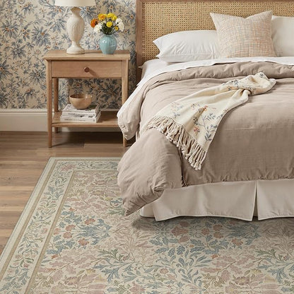 Bavni Floral Beige Pink Area Rugs 5x7, Vintage Boho Carpet Machine Washable, Non Slip Soft Low Pile Thin Rug for Bedroom, Living Room, Dining Room, Nursery