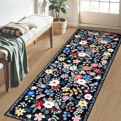 Runner Rug for Entryway: 2x6 Kitchen Rugs Non Slip Washable Ultra-Thin Soft Floral Carpet Indoor Floor Stain Resistant Carpets for Hallway Bedroom Kitchen Laundry Bathroom Dorm Black