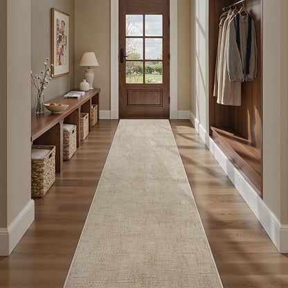 Art&Tuft 2x10 Runner Rug - Washable Runner Rugs, Non-Slip Runner Rug for Hallway, High Low Pile Textured Stripe 2x10 Rug Runner Throw Carpet for Entrance Bedroom Living Room Kitchen, Beige