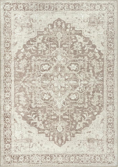 Bloom Rugs Washable Non-Slip 9' x 12' Rug - Light Brown Traditional Medallion Area Rug for Living Room, Bedroom, Dining Room, and Kitchen - Exact Size: 9' x 12'
