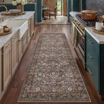 HUGEAR 2x6 Runner Rug Machine Washable Tradition Brown Hallway Area Rugs Indoor Accent Rugs Floral Low Pile Carpet Distressed Throw Rug Bedroom Living Room Office Dining Kitchen Laundry Non Slip