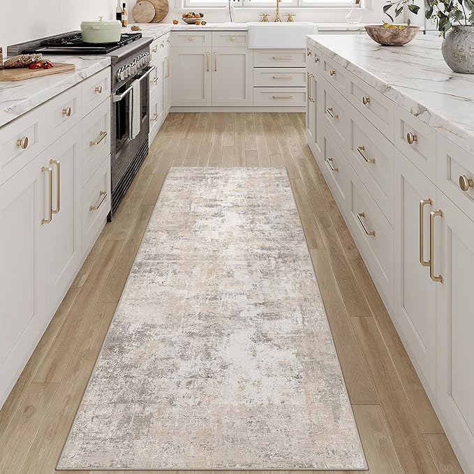 2x8 Washable Runner Rug Beige Grey Abstract Hallway Kitchen Throw Rug Neutral Modern Non Slip Soft Low Pile Carpet for Bathroom Laundry Bedroom Living Room