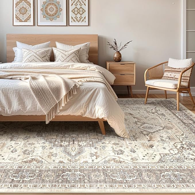 7x10 Area Rug Living Room: Washable Boho Large Neutral Vintage Soft Rugs Stain Resistant Farmhouse Non-Slip Indoor Floor Carpet for Bedroom Nursery Kids Playroom Office Dining Room- Beige Brown