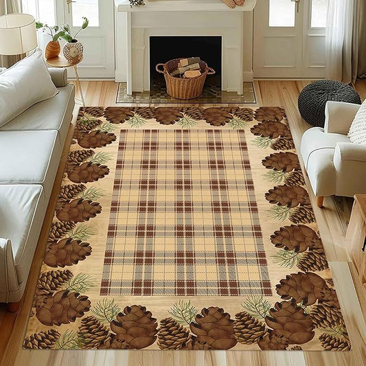Cabin Pine Cones Area Rug 6x8ft for Living Room, Brown Buffalo Plaid Indoor Anti-Slip Large Area Rug Rustic Style Rugs for Bedroom, Lodge Living Rugs With Pine Cones, Throw Area Rug for Farmhouse