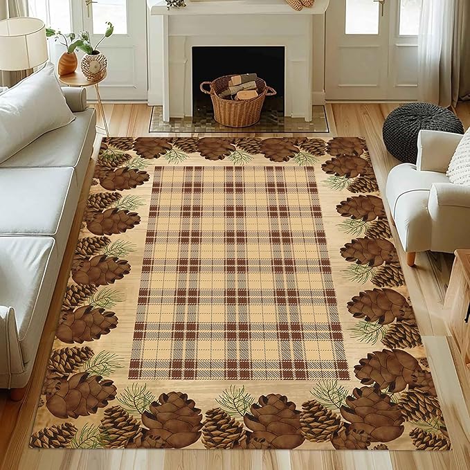 Cabin Pine Cones Area Rug 4x6ft for Living Room, Brown Buffalo Plaid Indoor Anti-Slip Large Area Rug Rustic Style Rugs for Bedroom, Lodge Living Rugs With Pine Cones, Throw Area Rug for Farmhouse