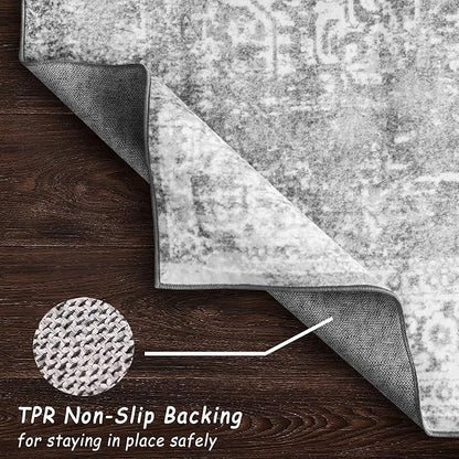 vivorug 4x6 Neutral Area Rugs, Stain Resistant Washable Rug for Living Room, Vintage-Inspired (Ivory/Silver, 4'x6')