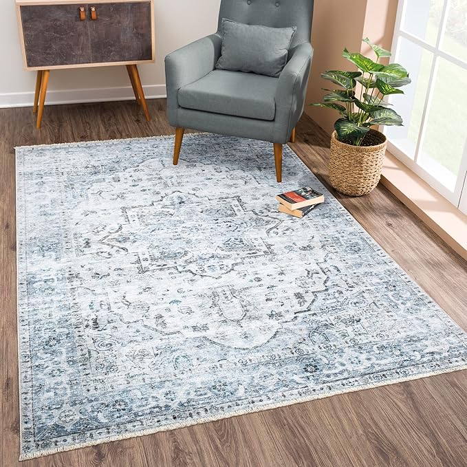 Bloom Rugs Washable Non-Slip 10x14 Rug - Ivory/Blue/Gray Traditional Oriental Area Rug for Living Room, Bedroom, Dining Room, and Kitchen - Exact Size: 10' x 14'