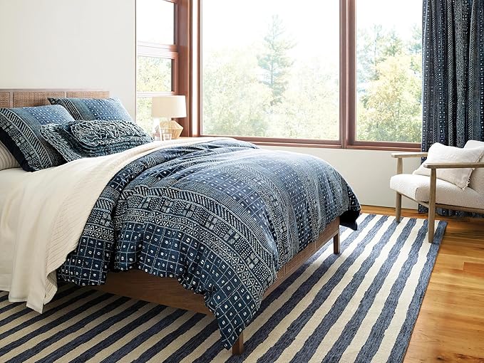 Dash & Albert Silas Stripe Navy Hand Micro Hooked Wool Rug, 7.5 X 9.5 Feet, Blue Stripe Pattern - Premium Luxury Hotel Quality Soft Breathable Hypoallergenic Machine Washable Easy Care All Season