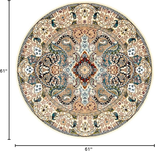 Unique Loom Narenj Collection Classic Traditional Medallion Textured Design Area Rug, Round 5' 0" x 5' 0", Ivory/Tan