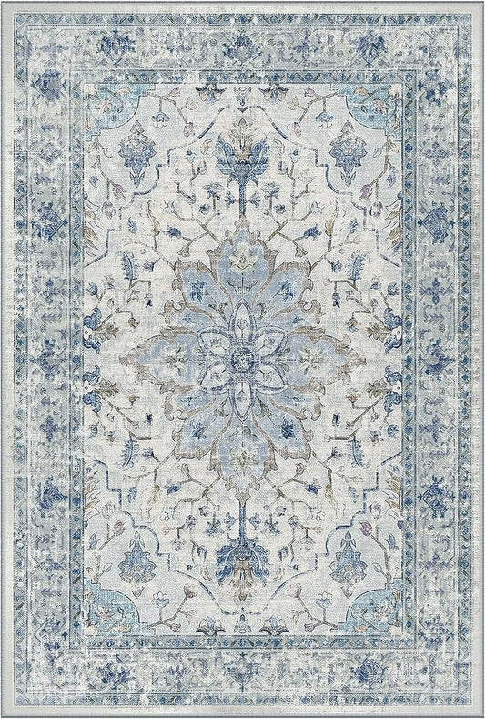Area Rugs 3'x8' Washable Non-Slip, Floral Vintage Distress Print Pattern Medallion Carpet for Living Room Bedroom Dining Room, Light Blue Navy Beige Gray White