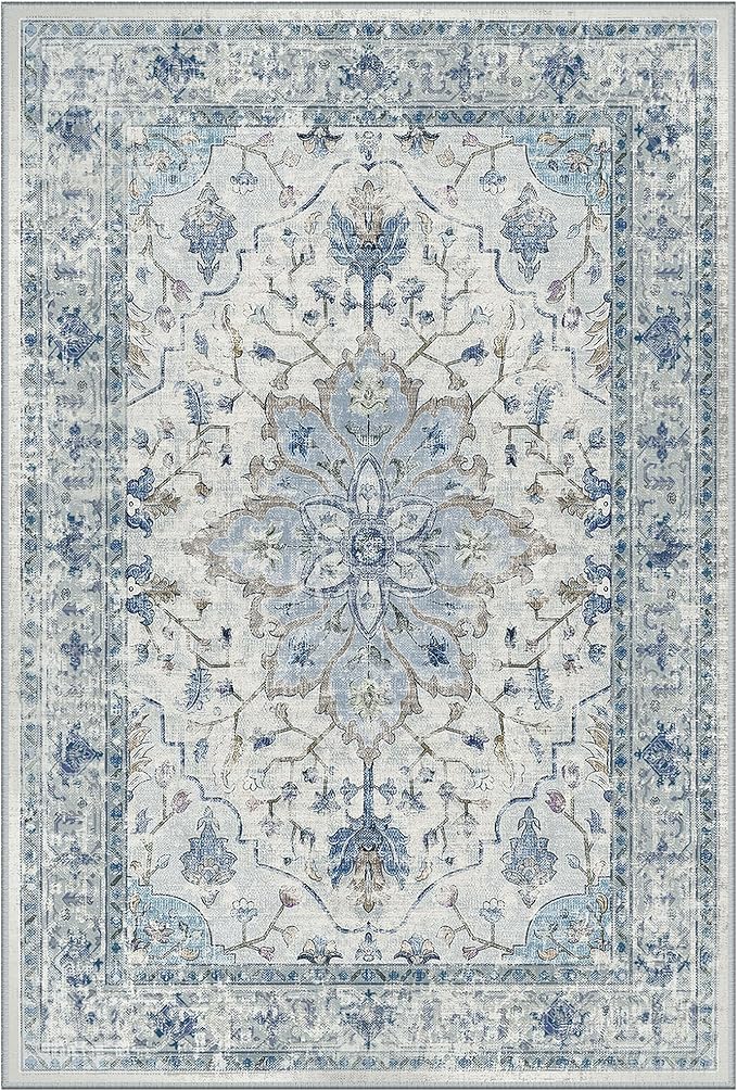 Area Rugs Square 7ft Washable Non-Slip, Floral Vintage Distress Print Pattern Medallion Carpet for Living Room Bedroom Dining Room, Light Blue Navy Beige Gray White