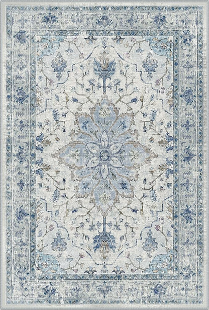 Area Rugs 3'x8' Washable Non-Slip, Floral Vintage Distress Print Pattern Medallion Carpet for Living Room Bedroom Dining Room, Light Blue Navy Beige Gray White