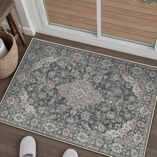 HUGEAR 2x3 Entryway Area Rug Retro Black Small Rug Machine Washable Door Mat Vintage Floral Low Pile Carpet Distressed Throw Rug Entrance Kitchen Bathroom Bedroom Office Non Slip Soft Lightweight