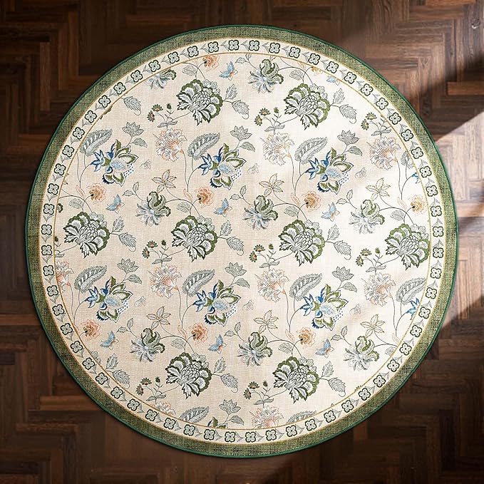 jinchan Elora 8ft Floral Round Rug for Dining Room Washable Living Room Rug Vintage Romance Design Non Slip Indoor Floor Cover Lightweight Low-Profile Throw Carpet for Bedroom Porch Patio, Green/Beige