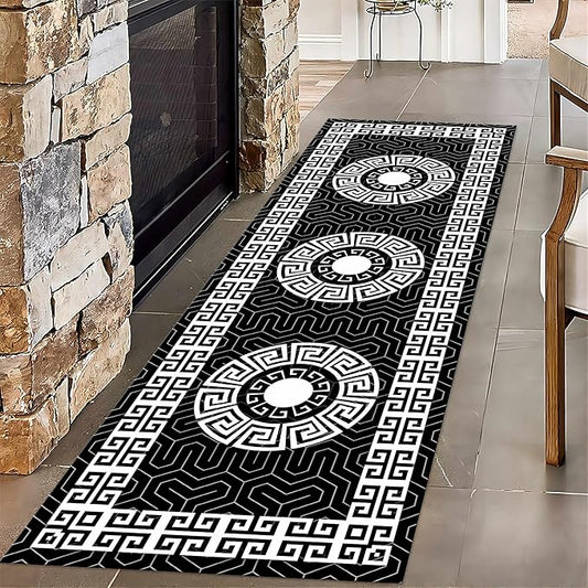 Modern Black White Geometric Kitchen Rug, 2x6ft, Greek Key Meander Design Entrance Rugs, Easy Clean Low Pile Washable Carpet, Soft Foldable No Crease Carpets for Porch Family