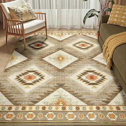 Area Rug 8x8 Rug Machine Washable Non-Slip Low Pile Print Pattern Western Rug for Living Room Bedroom Entryway Tribal Series -Cream/Camel