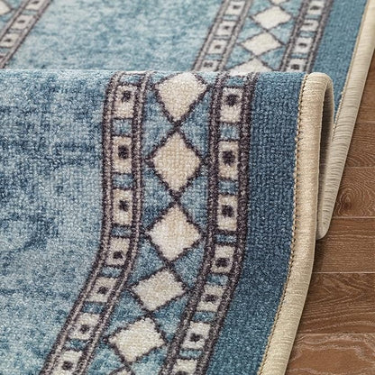 Antep Rugs Alfombras Modern Bordered 2pc Non-Skid (Non-Slip) Low Profile Pile Rubber Backing Indoor Kitchen Runner Rugs (Blue, 2pc Set)