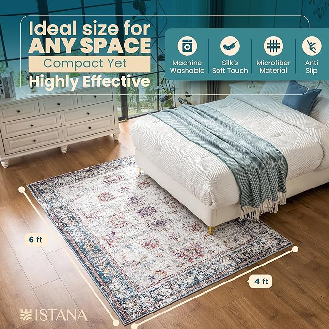 Istana 4x6 Rug - Multi Colors Area Rugs 4x6 - Kid & Pet Friendly Machine Washable Rugs - 4 x 6 Area Rug Non Slip & Non Shedding Area Rug - Foldable Rug for Room for Bedroom
