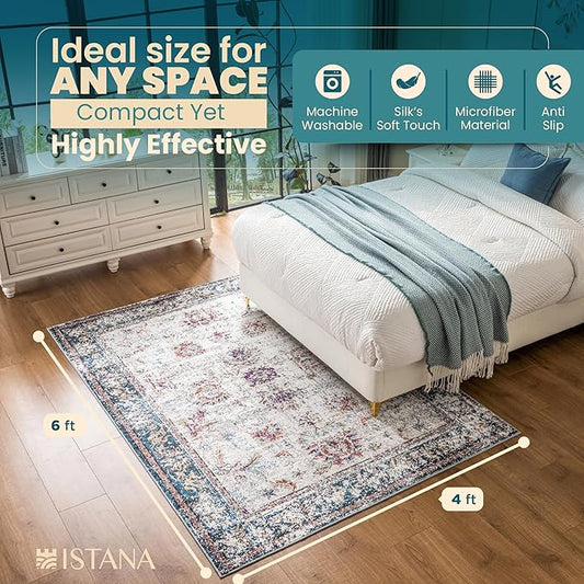 Istana 4x6 Rug - Multi Colors Area Rugs 4x6 - Kid & Pet Friendly Machine Washable Rugs - 4 x 6 Area Rug Non Slip & Non Shedding Area Rug - Foldable Rug for Room for Bedroom