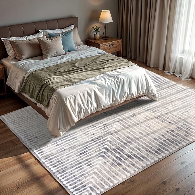 GLN Rugs Contemporary Collection - Machine Washable Area Rug, Contemporary Washable, Non Slip, Low Pile Chenille Rug, Living Room, Bedroom, Kitchen Rug (9' x 12' Lines Cream)