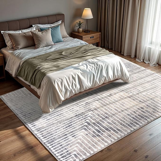 GLN Rugs Contemporary Collection - Machine Washable Area Rug, Contemporary Washable, Non Slip, Low Pile Chenille Rug, Living Room, Bedroom, Kitchen Rug (8' x 10' Lines Cream)