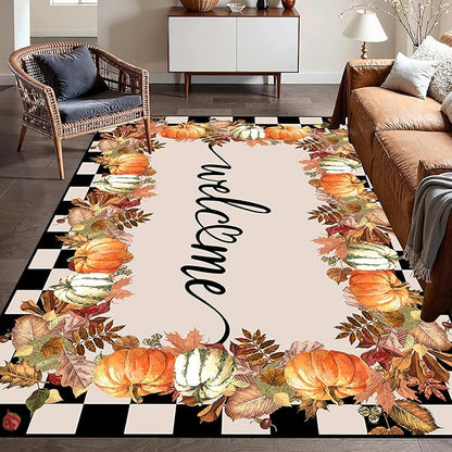 Checkered Area Rugs, 5x6ft, Black and White Check with Fall Leaves Pumpkin Autumn Harvest Carpet, Entrance Rubber Non Slip Breathable Fall Rug for Dining Room Laundry