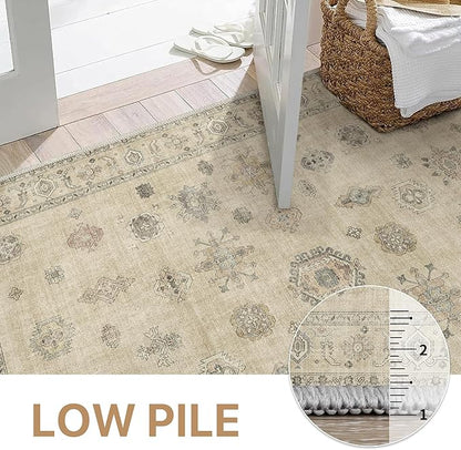 GENIMO 5x7 Area Rugs for Living Room, Machine Washable Non Slip Vintage Retro Rugs, Low Pile Lightweight Chenille Print Rug for Bedroom, Dining Room, Home Office, Sage