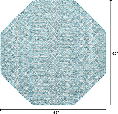 Unique Loom Outdoor Trellis Collection Area Rug - Tribal Trellis (5' 3" Octagon, Aqua/ Ivory)