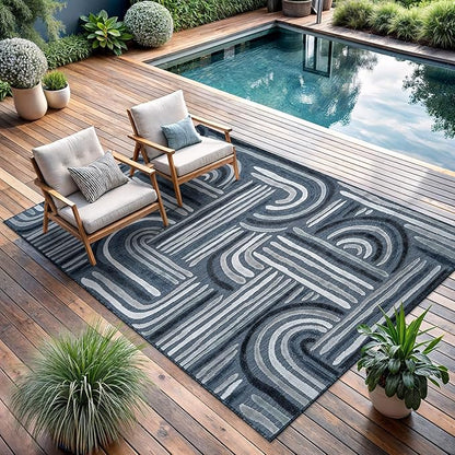 CAMILSON Indoor Outdoor Rug, Navy Blue 8x10 Geometric Arch Striped Area Rugs for Patio and Home Areas, Easy-Cleaning Non-Shedding Living Room, Garden and Deck Washable Outside Carpet (8 x 10)