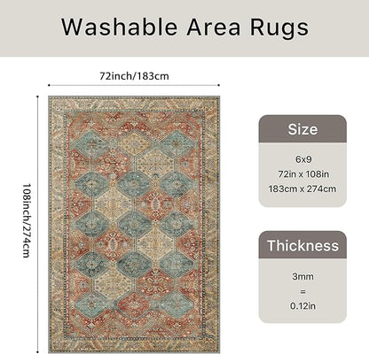 Bavni 6x9 Area Rugs for Living Room, Machine Washable Rug Non Slip, Vintage Chenille Distressed Print Carpet, Large Low Pile Ultra-Thin Lightweight Rugs for Bedroom, Dining Room, Office, Blue/Tan/Red