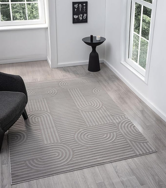Annabel Modern Geometric Area Rug for Living Room, 6x9 Contemporary Arched and Linear Gray Rug, High-Low Pile Stain Resistant Carpet for Bedroom, Dining Room or Kitchen (6' x 9', Gray)