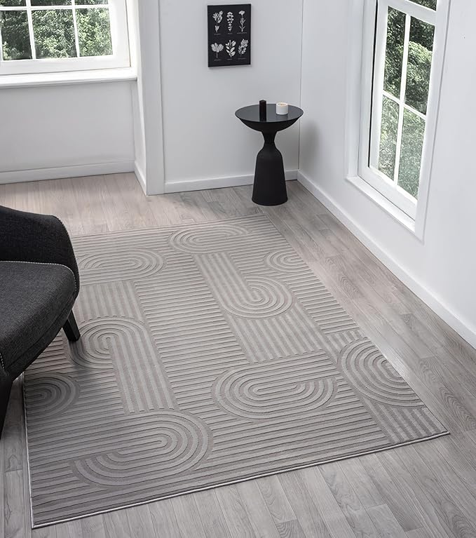 Annabel Modern Geometric Area Rug for Living Room, 8x10 Contemporary Arched Linear Large Gray Rug, Stain Resistant Non-Shedding Carpet for Bedroom, Dining Room or Kitchen (8' x 10', Gray)