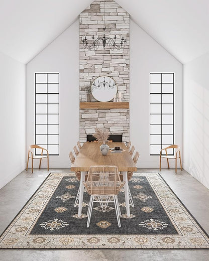 ILANGO Vintage 8'x10' Area Rugs for Living Room Washable Black Area Rugs Non Slip Boho Dining Room Rugs for Under Table Ultra-Thin Low-plie Floor Carpet for Bedroom
