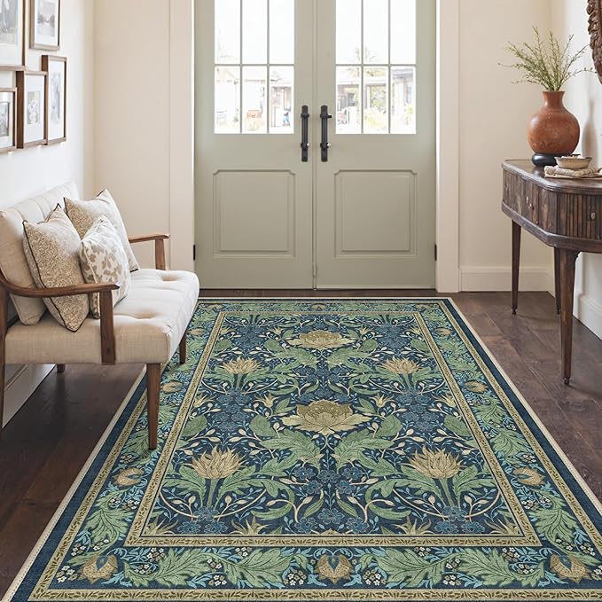 Bavni 5x7 Area Rugs for Living Room, Microfiber Machine Washable Non-Slip Vintage Floral Rug, Low Pile Lightweight Carpet for Bedroom, Dining Room, Home Office, Navy Blue & Sage Green