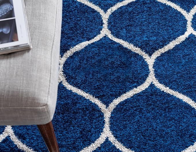 Rugs.com Lattice Frieze Collection Rug – 8' x 10' Oval Navy Blue Medium Rug Perfect for Living Rooms, Large Dining Rooms, Open Floorplans
