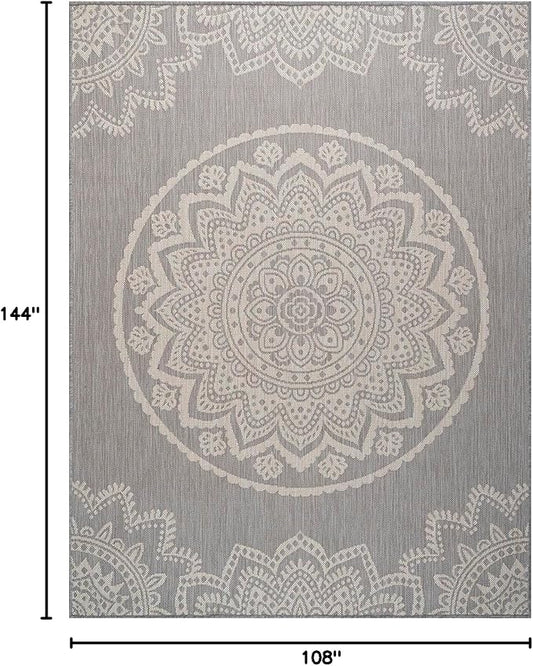 CAMILSON Outdoor Rug 9x12 Modern Area Rugs for Large Indoor and Outdoor Patios and Porches - Waterproof Washable Non-Shedding Easy-to-Clean Outside Carpet (9 x 12, Medallion - Grey/White)