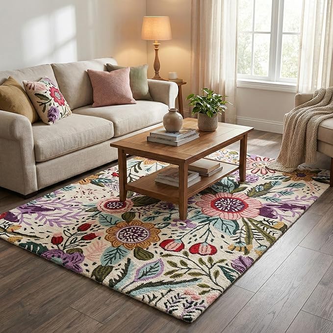Hand-Tufted Floral Area Rug - Colorful Garden Design with Beautiful Flower Patterns - Modern Style Premium Carpet for Living Room & Bedroom or Kitchen (9'x12')