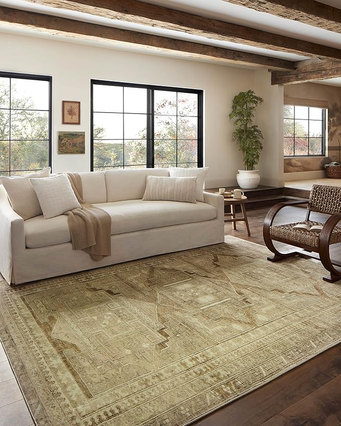 Loloi Magnolia Home by Joanna Gaines Sinclair Collection SIN-02 Khaki/Tobacco 7'-6" x 9'-6", .25" Pile Height, Machine Washable, Area Rug