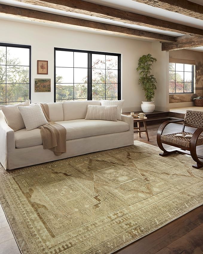 Loloi Magnolia Home by Joanna Gaines Sinclair Collection SIN-02 Khaki/Tobacco 3'-6" x 5'-6", .25" Pile Height, Machine Washable, Accent Rug