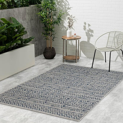 FH Home Flat Woven Outdoor Rug - Waterproof, Easy to Clean, Stain Resistant - Premium Polypropylene Yarn - Striped Boho - Patio, Porch, Deck, Balcony - Amman - Blue - 5ft 2in x 7ft 6in