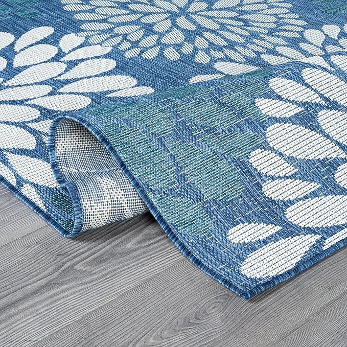 Beverly Rug Outdoor Rug 9x12 Modern Exotic Tropical Leaf Area Rugs for Indoor and Outdoor Patio Deck Porch Garden Water Resistant Washable Outside Carpet (9 x 12 Blue)