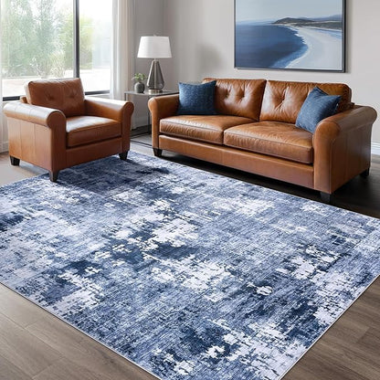 Area Rug Living Room Rugs - 5x8 Washable Large Soft Indoor Neutral Modern Abstract Low Pile Rug Carpet for Bedroom Dining Room Farmhouse Home Office - Navy Blue