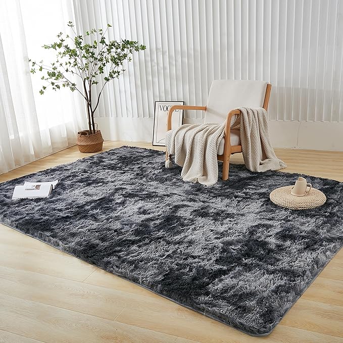 Andency 6x9 Area Rugs, Large Shag Fluffy Soft Shaggy Rugs for Living Room Bedroom, Non-Slip Tie-Dyed Dark Grey Thick Plush Carpet for Kids Girls and Boys, Dorm Nursery Home Decor Aesthetic