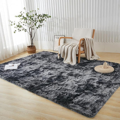 Andency 6x9 Area Rugs, Large Shag Fluffy Soft Shaggy Rugs for Living Room Bedroom, Non-Slip Tie-Dyed Dark Grey Thick Plush Carpet for Kids Girls and Boys, Dorm Nursery Home Decor Aesthetic